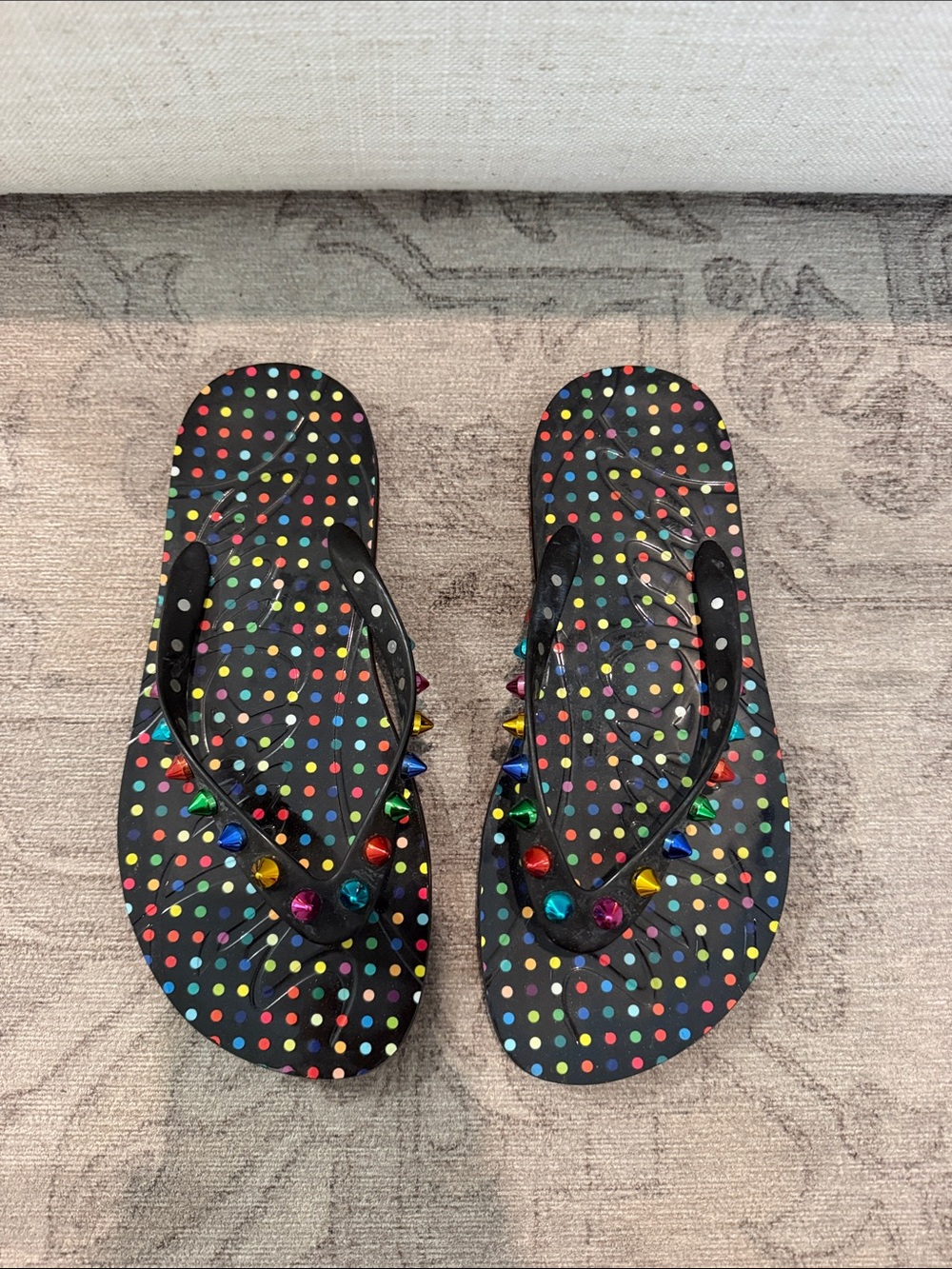 Christian Louboutin Black Multicolor Studded Polka Dot Flip Flops